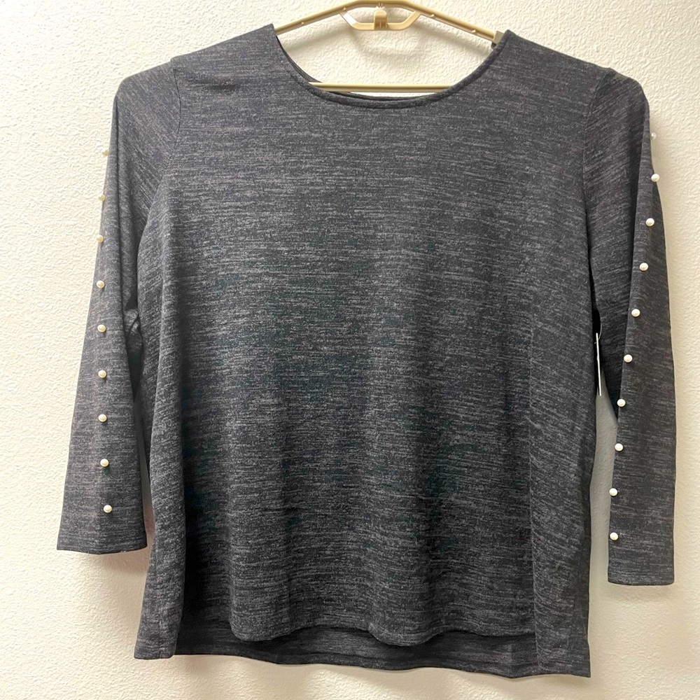 NWT Tacera Charcoal Gray Blouse with Pearl Details on Sleeves. 2X